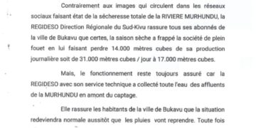 Pénurie d’eau à Bukavu : la REGIDESO explique la baisse de sa production