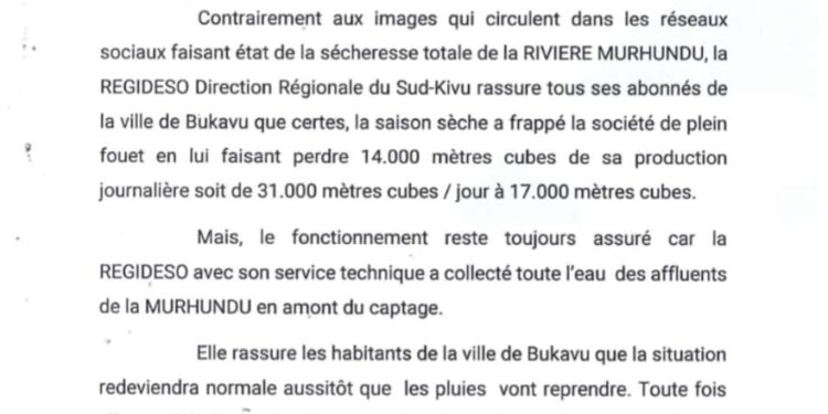 Pénurie d’eau à Bukavu : la REGIDESO explique la baisse de sa production
